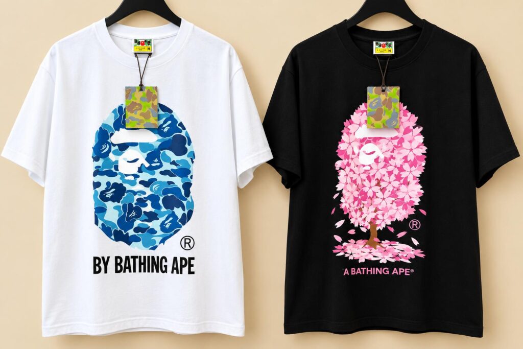 Camisas estampadas blanca y negra – diseño azul y rosado