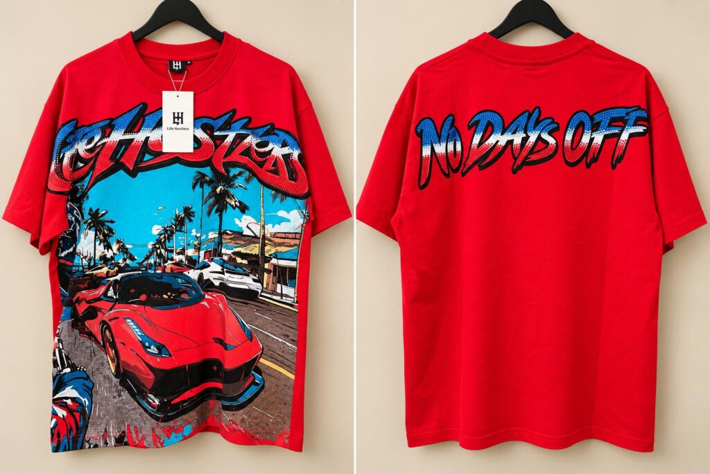 Camisa roja estampada – letras azules