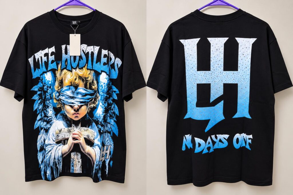 Camisa negra Hustler – estampado azul
